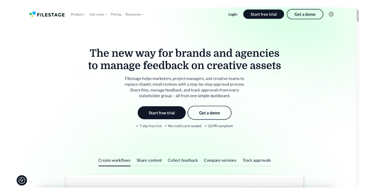 Filestage creative review tool interface with global feedback and progress tracking features.