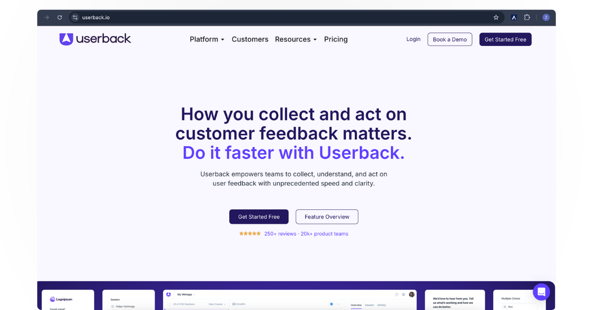 Userback tool interface for collecting visual feedback and bug tracking – simple Marker.io alternative for small teams.