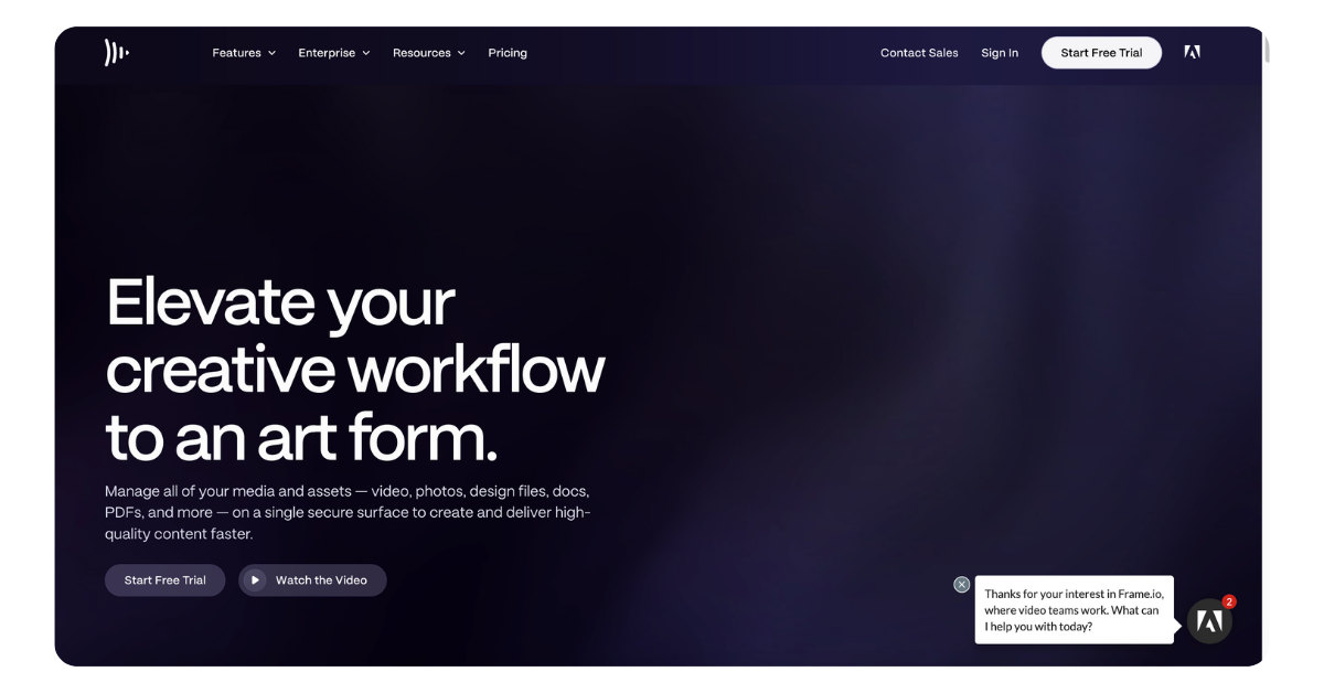 Frame.io creative review tool interface for secure video sharing and post-production collaboration.